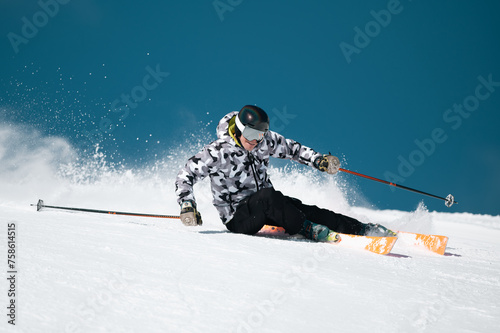 Expert skier on the slopes of Grandvalira in Andorra in Winter 2024