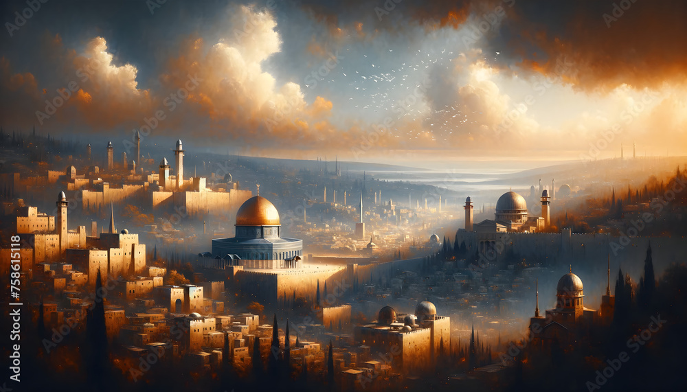 The digital oil landscape painting inspired by the biblical verse, capturing Jerusalem as a city of unity, spirituality, and communal praise