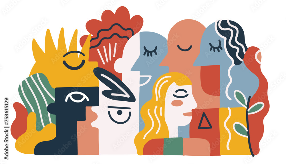 print with abstract stylized people's faces. modern minimalistic illustration