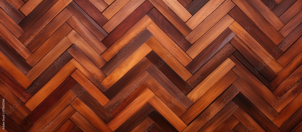 A closeup of a herringbone pattern on a wooden surface, showcasing the rich amber hues of the hardwood material with brown tints and shades from the wood stain A closeup of a herringbone pattern on a wooden surface, showcasing the rich amber hues of the hardwood material with brown tints and shades from the wood stain