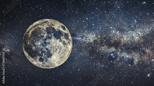 Fantasy of full moon with galaxy stars on outer space background. AI generated image