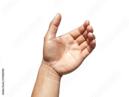 Man's hands reaching up from below, gesturing as if holding something such as a phone or water bottle, isolated on white background.