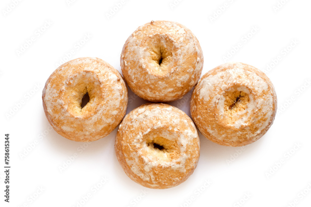 Four round gingerbread isolated on white background. Gingerbread view from above. Four round gingerbread isolated on white background. Gingerbread view from above.