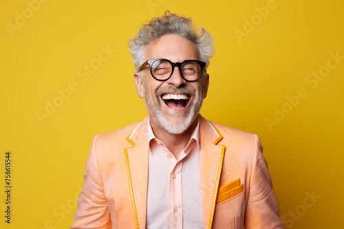 Happy senior man with glasses and orange jacket on a yellow background.