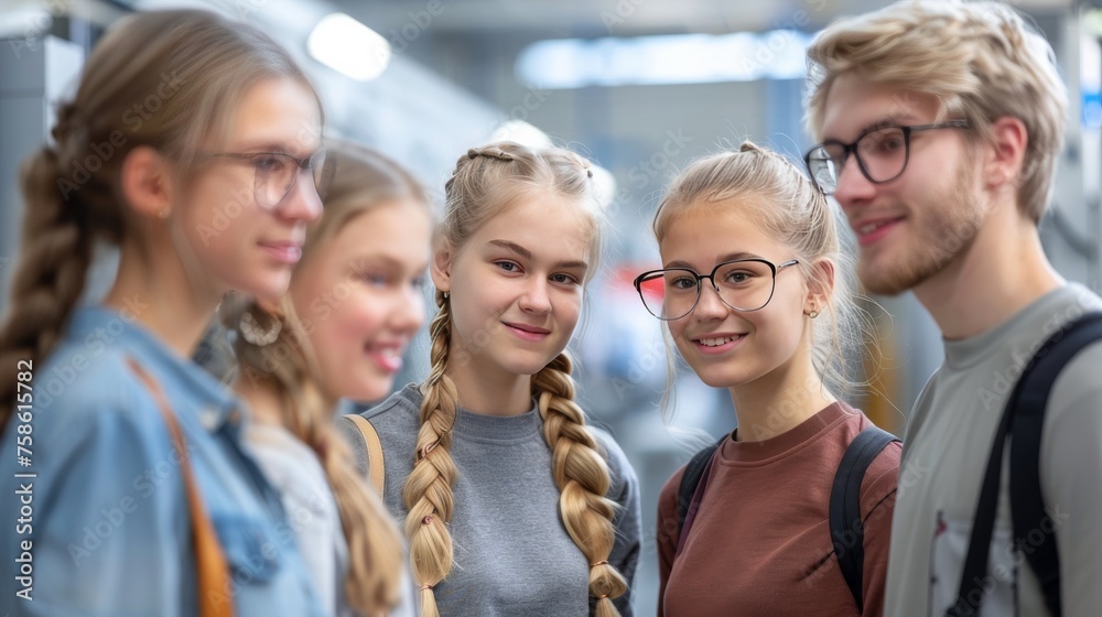 A group of young people are standing together in a hallway, smiling and laughing A group of young people are standing together in a hallway, smiling and laughing