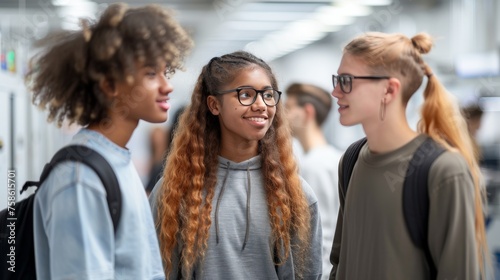 A group of young people are standing together in a hallway, smiling and laughing