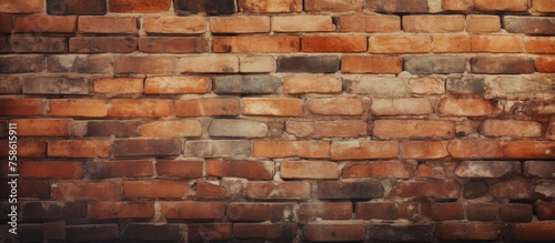 Close up of a brown brick wall showcasing the intricate brickwork. The building material adds an artistic touch to the structure with its composite material made of wood, soil, and bricks