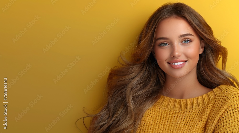 Fototapeta premium A woman with long brown hair is smiling and wearing a yellow sweater