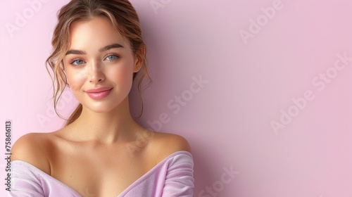 A woman with a pink dress and a smile on her face