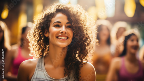 Beautiful portrait women enjoying Zumba dancing class by expressing the joy of their active lifestyle with female friends created with Generative AI Technology