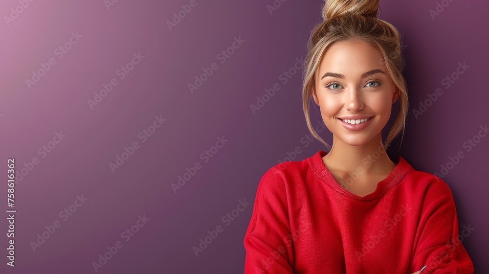 A woman in a red sweater is smiling and posing for a picture A woman in a red sweater is smiling and posing for a picture