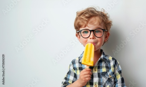 kid in glasses enjoying ice cream, kid with a orange popsicle