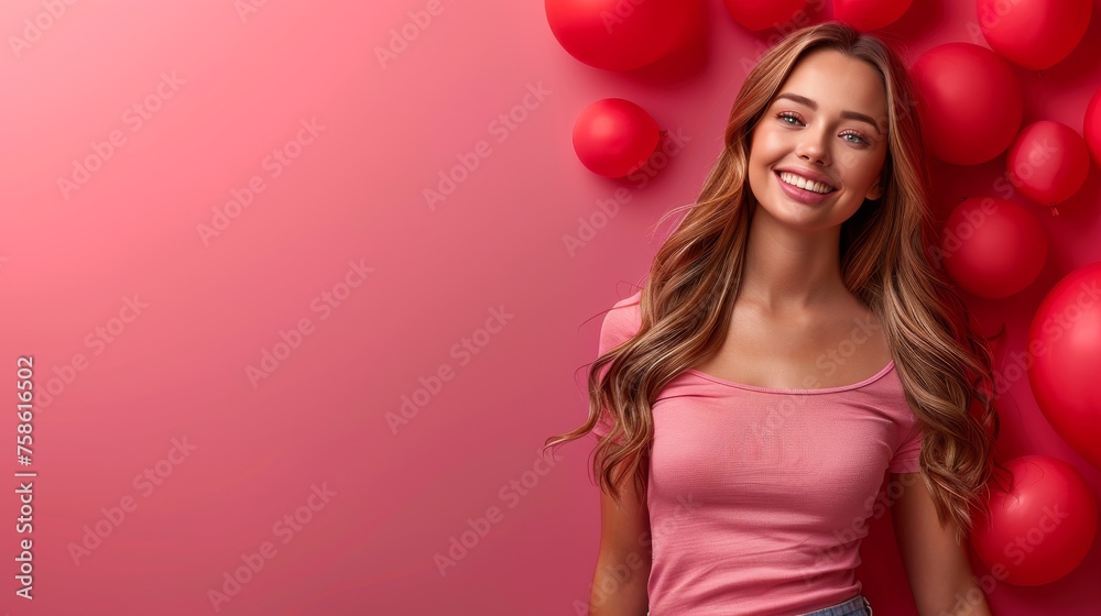 A woman is standing in front of a pink background with red balloons A woman is standing in front of a pink background with red balloons