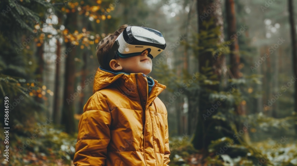 young boy wearing vr headset and exploring, virtual reality concept