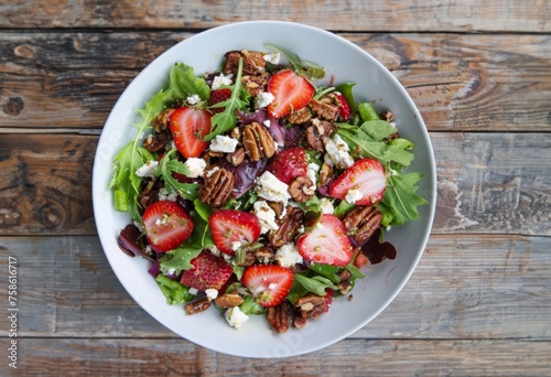 strawberry pecan and warm goat cheese salad in white plate