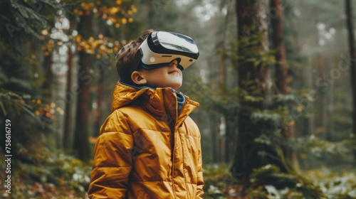 young boy wearing vr headset and exploring, virtual reality concept