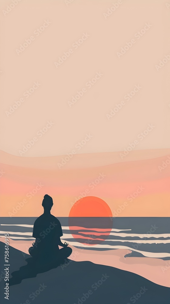 Meditating Man at Beach Sunset in Minimalist