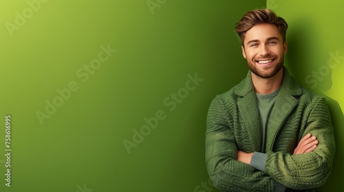 A man in a green jacket is smiling and posing for a picture