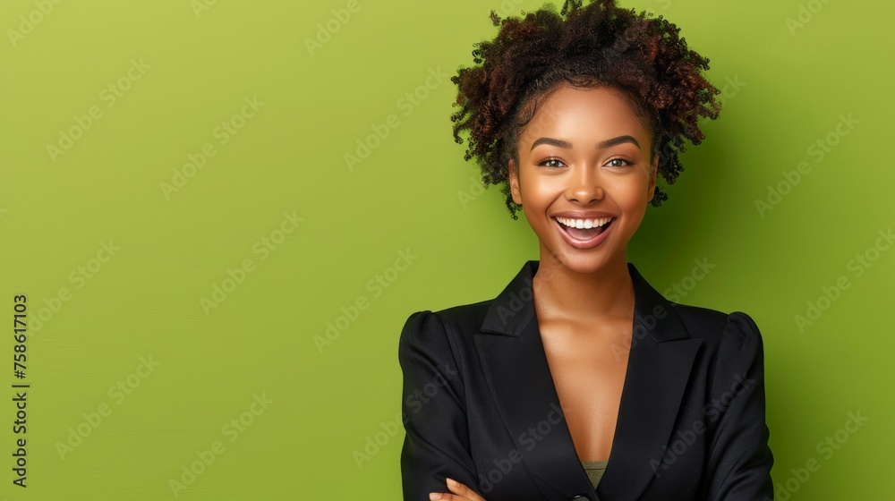 Fototapeta premium A woman with a smile on her face is wearing a black suit
