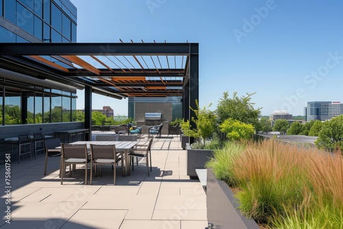 Corporate Business Photography of a Serene Rooftop Terrace with Outdoor Seating, Generative AI