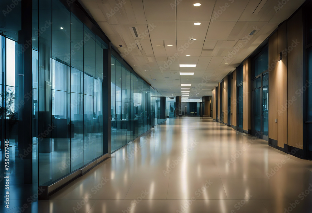 Office building or university lobby hall blur background with blurry school hallway corridor interior view toward empty corridor entrance glass curtain wall floor and exterior light