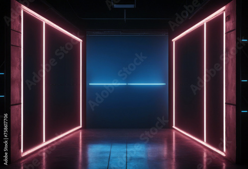 Sci Fi Modern Elegant Futuristic Cyber Neon Led Studio Big Panel Lights Blue Glowing Lights  photo