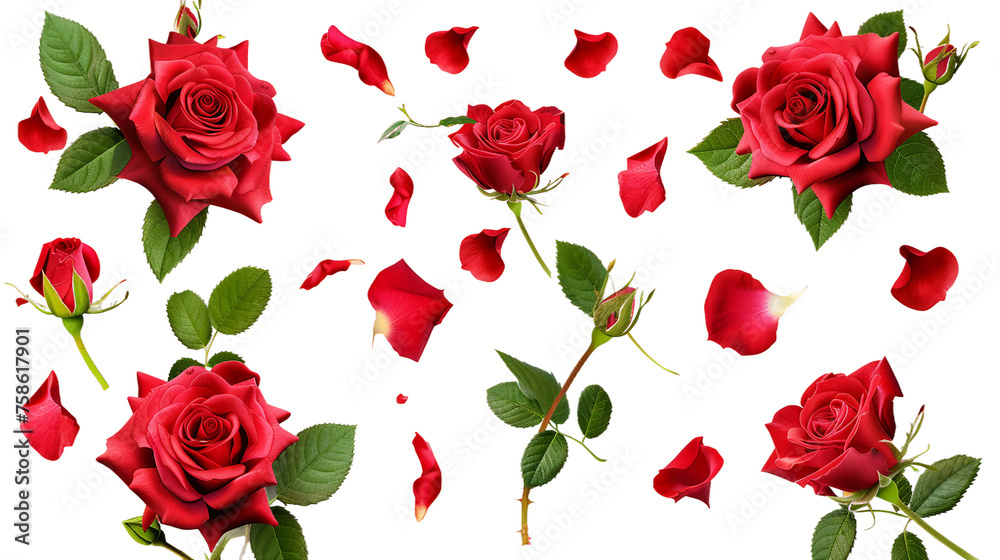 Fototapeta premium Exquisite Collection of Isolated Roses on Transparent Background - Captivating Floral Beauty for Your Designs, Ideal for Romantic Themes, Valentine's Day, and Botanical Concepts