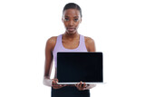 Portrait, fitness and laptop screen with black woman athlete in studio isolated on white background. Exercise, workout and computer display with confident young sports model advertising gym training