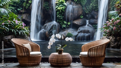 Stylish Rattan Chairs Adorned with Orchids in a Lush Tropical Lounge by a Tranquil Waterfall