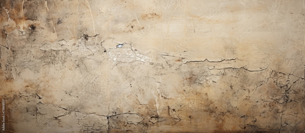 A closeup of a filthy wall covered in various stains, resembling a piece of abstract art with shades of brown, beige, and soil