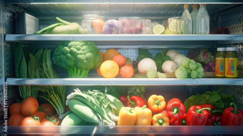 the refrigerator is open and there are fresh vegetables on the shelf