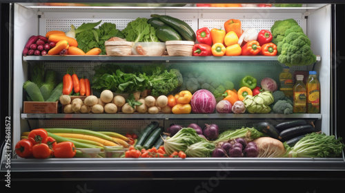 there are fresh vegetables and fruits on the shelf in the refrigerator