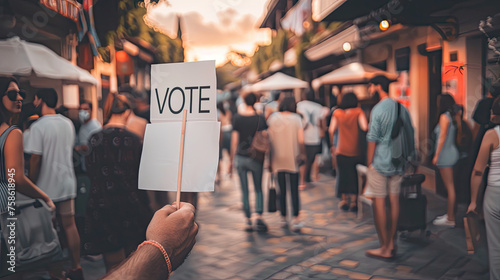 Person holding a VOTE sign in a busy street market with people walking bustling atmosphere and tents in background photo