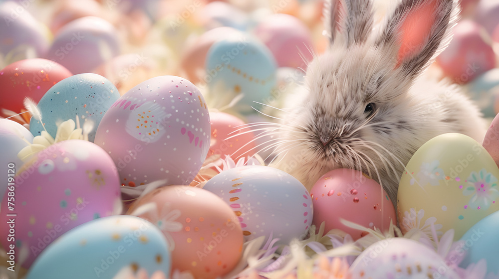 Cute bunny with colorful easter eggs on blur background. Springtime Joy: Bunny and Easter Eggs