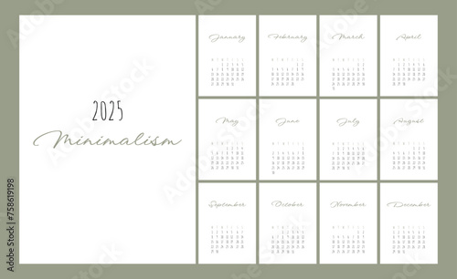 Calendar 2025 Trendy Minimalist Style. Set of 12 pages desk calendar. 2025 minimal calendar planner design for printing template. vector illustration	