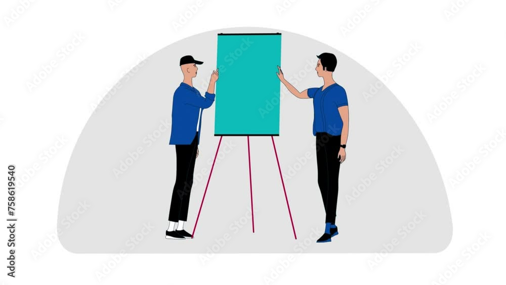 Cartoon business partners standing in front of a blackboard discussing plans and achieving Cartoon business partners standing in front of a blackboard discussing plans and achieving