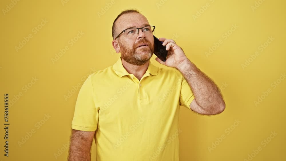 Attractive middle age caucasian man with beard, confidently celebrating a win, talking on phone, smiling joyfully, standing isolated against yellow background in a cool, casual style. Attractive middle age caucasian man with beard, confidently celebrating a win, talking on phone, smiling joyfully, standing isolated against yellow background in a cool, casual style.