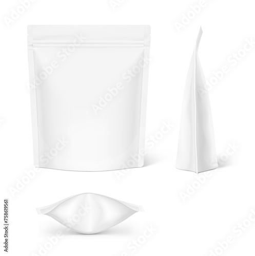 Realistic stand up pouch bag mockup with transparent shadow. Front, side and bottom views. Vector illustration isolated on white background. Ready for your design. EPS10.