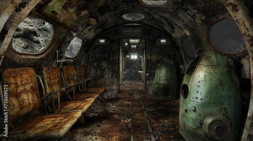 The haunting  dilapidated interior of an abandoned spaceship  with rusty seats and space debris visible through the window.