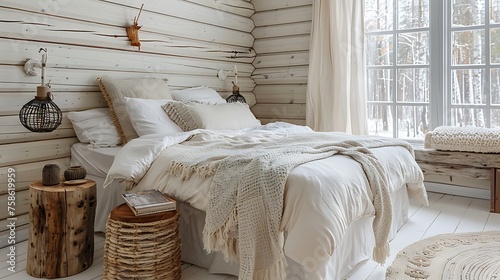 Log cabin bedroom in white and beige tones Double bed with blanket and duvet wooden side tables