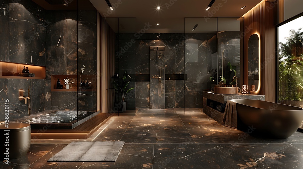 Luxurious dark bathroom with natural stone tiles and wood