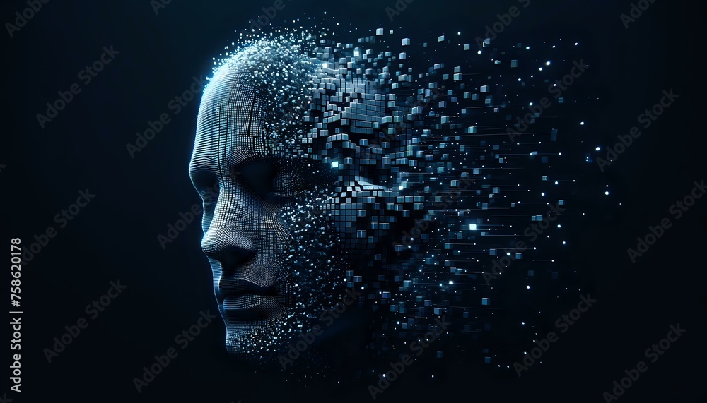 Human face of Artificial Intelligence dissolved into space. The New Face of AI