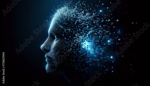 Human face of Artificial Intelligence dissolved into space. The New Face of AI