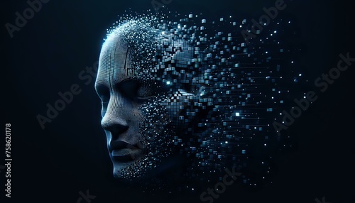 Human face of Artificial Intelligence dissolved into space. The New Face of AI