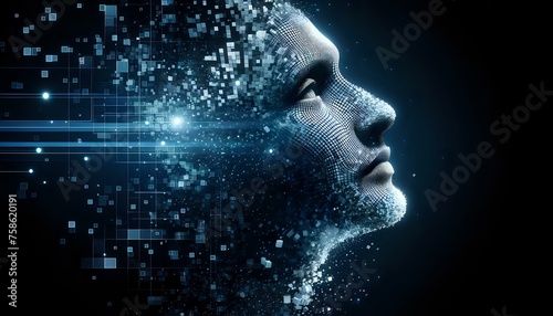 Human face of Artificial Intelligence dissolved into space. The New Face of AI