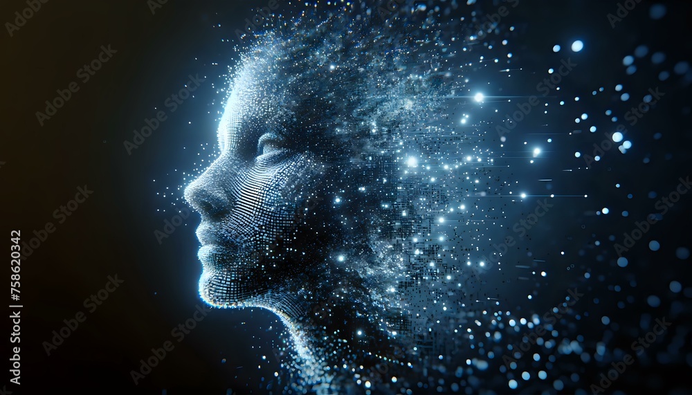 Human face of Artificial Intelligence dissolved into space. The New Face of AI Human face of Artificial Intelligence dissolved into space. The New Face of AI
