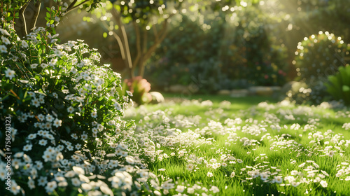 Sprawling Gypsophila bush in a sunlit garden, vibrant green background © r3mmm