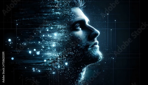 Human face of Artificial Intelligence dissolved into space. The New Face of AI
