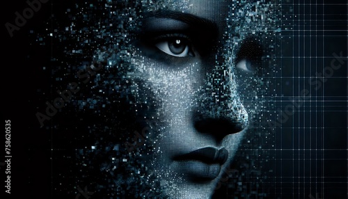 Human face of Artificial Intelligence dissolved into space. The New Face of AI