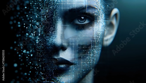 Human face of Artificial Intelligence dissolved into space. The New Face of AI